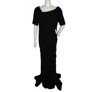 TADASHI SHOJI Gown w/Train, XL, Black Ruched, Asymmetric Neckline, Draped Nylon